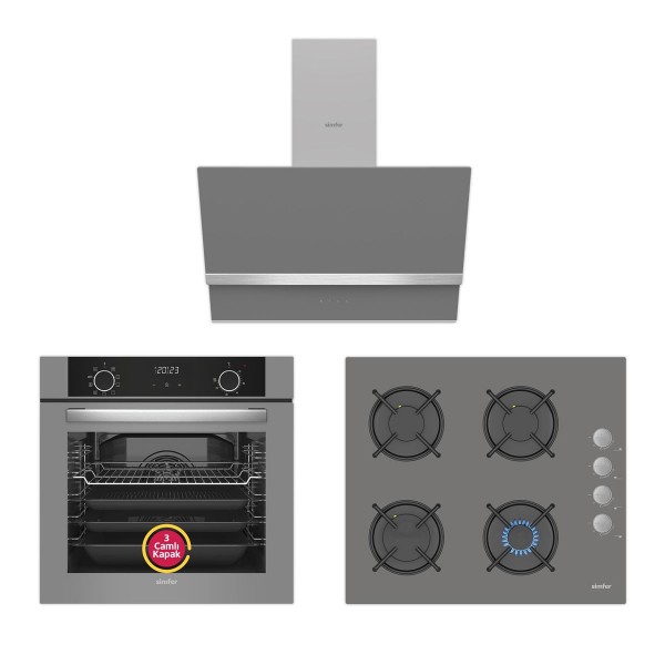Simfer 10 Fonksiyon Airfry Gri Ankastre Set (8217 Fırın + 3538 Ocak + 8740 Davlumbaz)